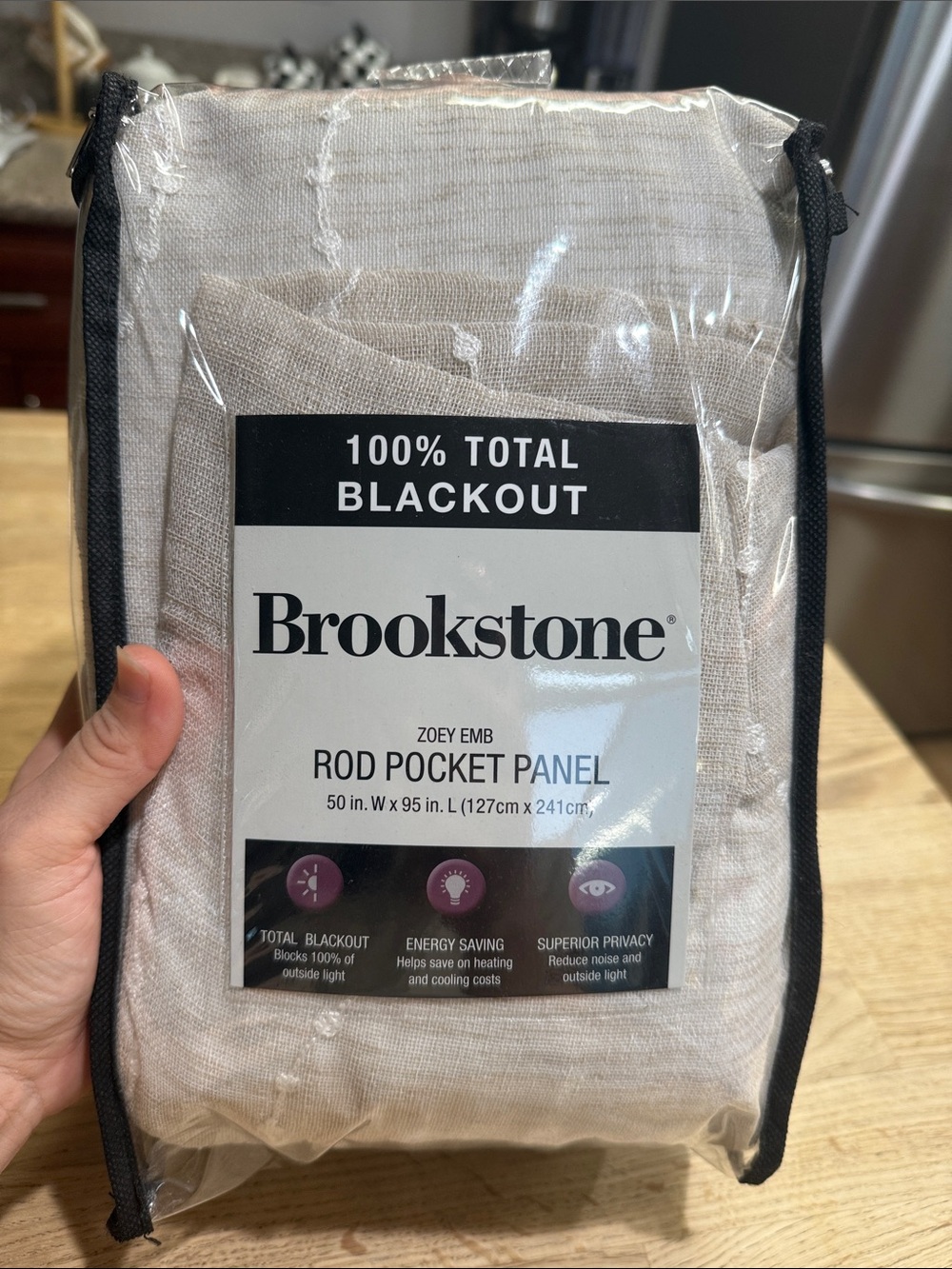 1 Brookstone Beige Rod Pocket Blackout Curtain Panel - Zoey Emb